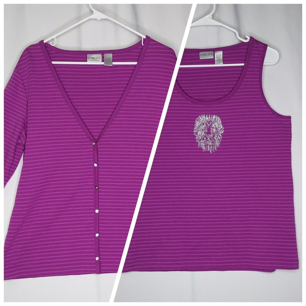 Chicos Tank Cardigan Set Women Large Purple Stripe Lion Diamond Button Y2K